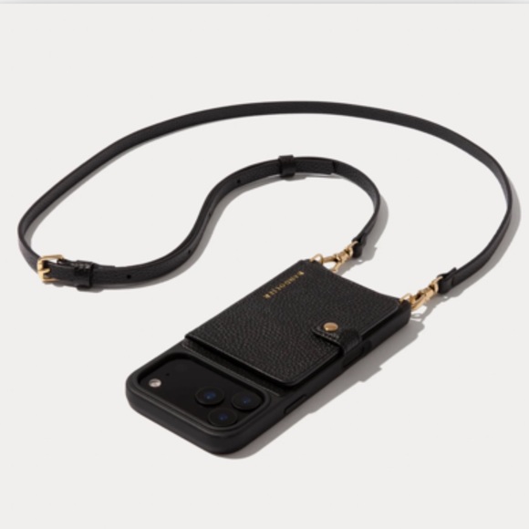 Bandolier Mila MagSafe Black Leather Phone Case with strap.